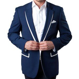 Navy Blue With White Trim Notch Lapel Men's Jacket